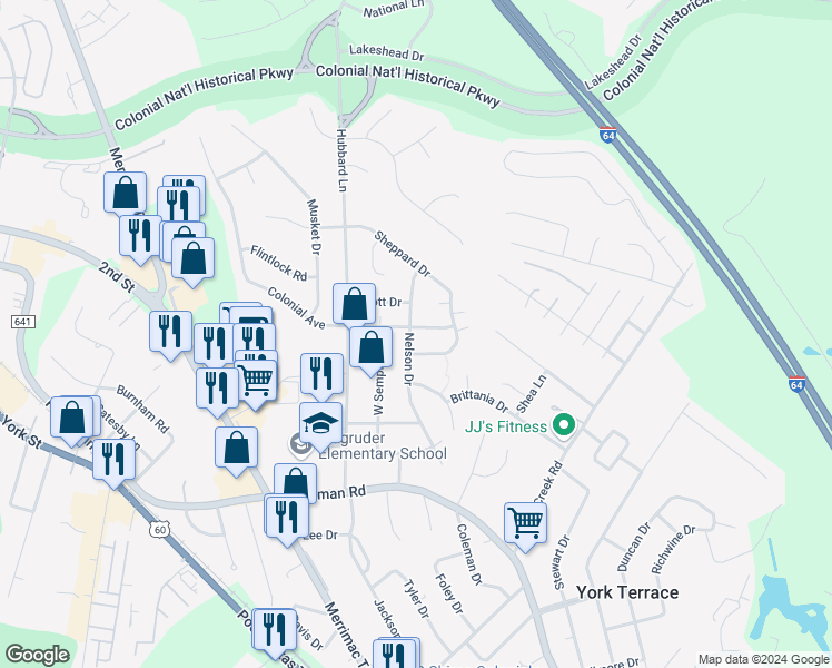 map of restaurants, bars, coffee shops, grocery stores, and more near 141 Nelson Drive in Williamsburg