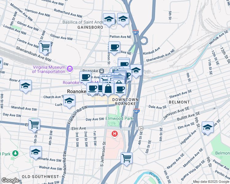 map of restaurants, bars, coffee shops, grocery stores, and more near 1 Market Square Southeast in Roanoke