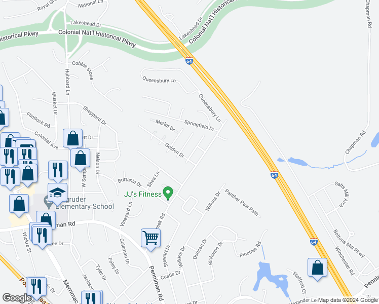 map of restaurants, bars, coffee shops, grocery stores, and more near 105 Cabernet Road in Williamsburg