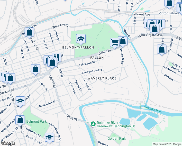 map of restaurants, bars, coffee shops, grocery stores, and more near 1811 Kenwood Boulevard Southeast in Roanoke