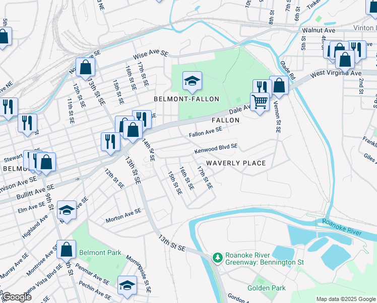 map of restaurants, bars, coffee shops, grocery stores, and more near 1622 Kenwood Boulevard Southeast in Roanoke