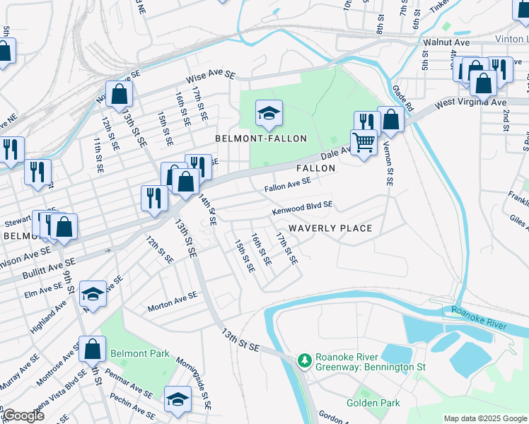 map of restaurants, bars, coffee shops, grocery stores, and more near 1622 Kenwood Boulevard Southeast in Roanoke