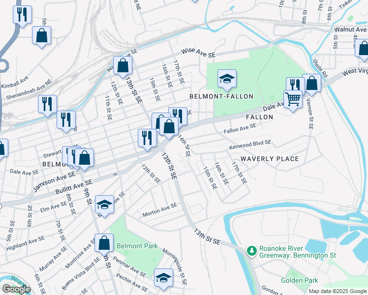 map of restaurants, bars, coffee shops, grocery stores, and more near 929 14th Street Southeast in Roanoke