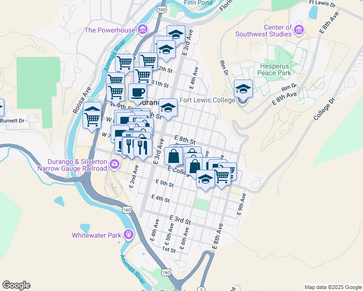 map of restaurants, bars, coffee shops, grocery stores, and more near 720 East 4th Avenue in Durango