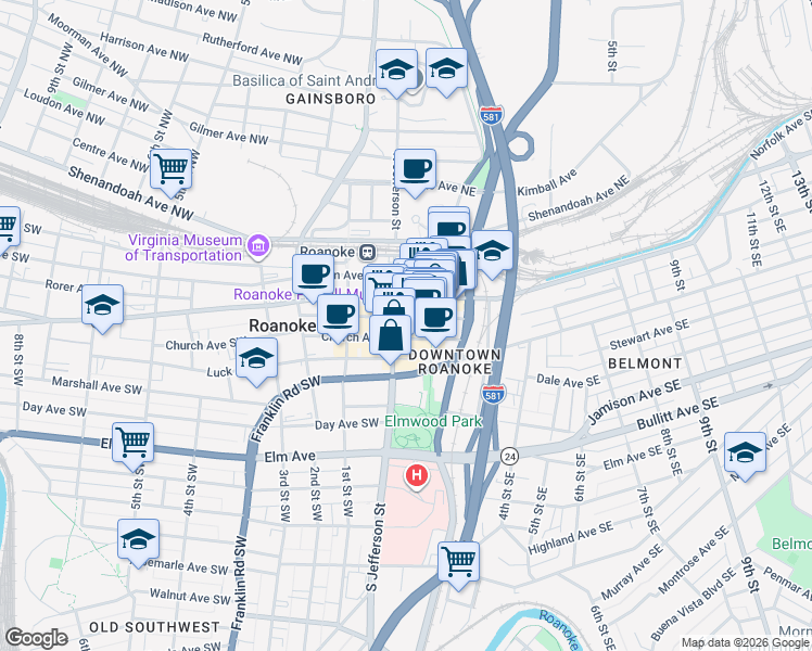map of restaurants, bars, coffee shops, grocery stores, and more near in Roanoke