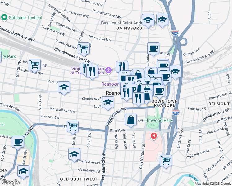 map of restaurants, bars, coffee shops, grocery stores, and more near in Roanoke