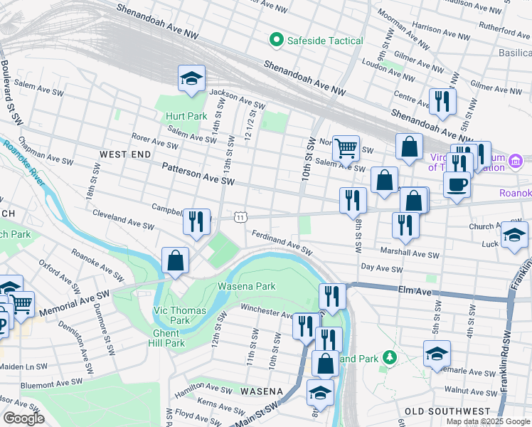 map of restaurants, bars, coffee shops, grocery stores, and more near 1034 Campbell Avenue Southwest in Roanoke