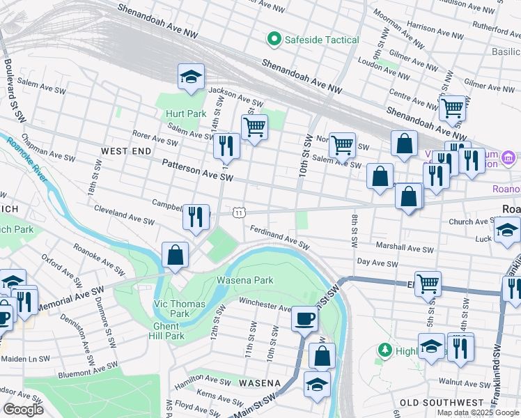 map of restaurants, bars, coffee shops, grocery stores, and more near 1034 Campbell Avenue Southwest in Roanoke