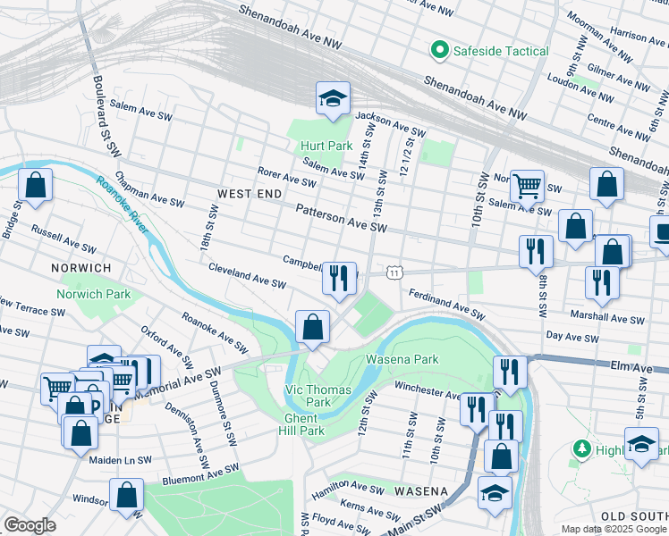map of restaurants, bars, coffee shops, grocery stores, and more near 1326 Campbell Avenue Southwest in Roanoke