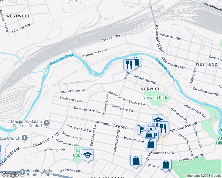 map of restaurants, bars, coffee shops, grocery stores, and more near 2246 Mountain View Terrace Southwest in Roanoke