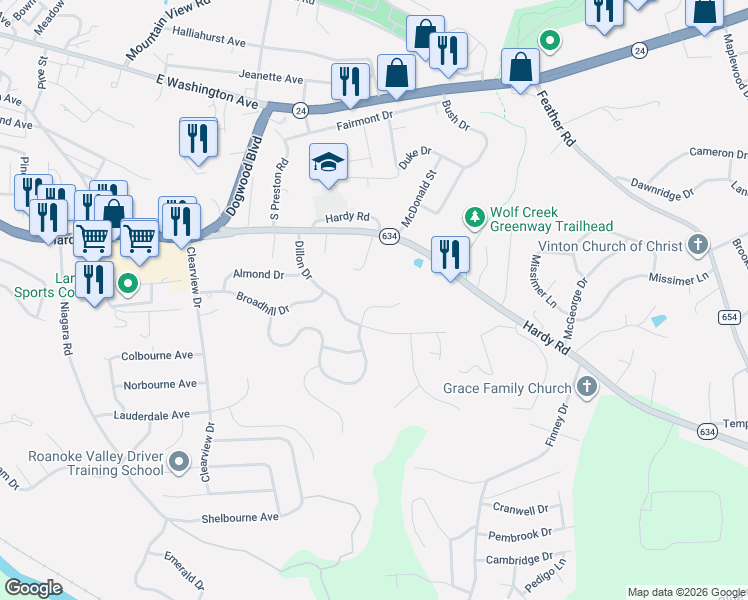 map of restaurants, bars, coffee shops, grocery stores, and more near 612 Aragona Drive in Vinton