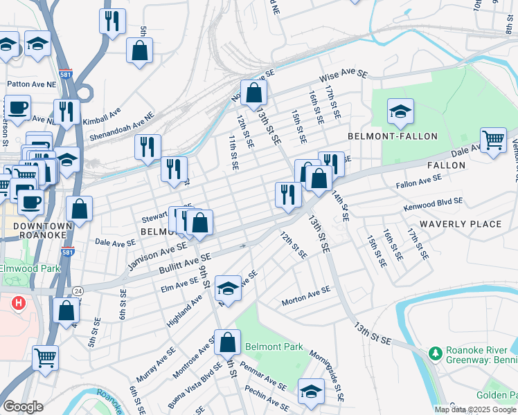 map of restaurants, bars, coffee shops, grocery stores, and more near 1119 Dale Avenue Southeast in Roanoke