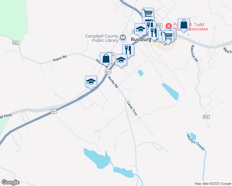 map of restaurants, bars, coffee shops, grocery stores, and more near 161 Rocky Road in Rustburg