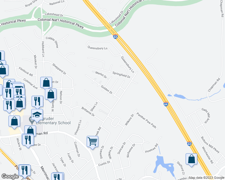 map of restaurants, bars, coffee shops, grocery stores, and more near 102 Chardonnay Road in Williamsburg