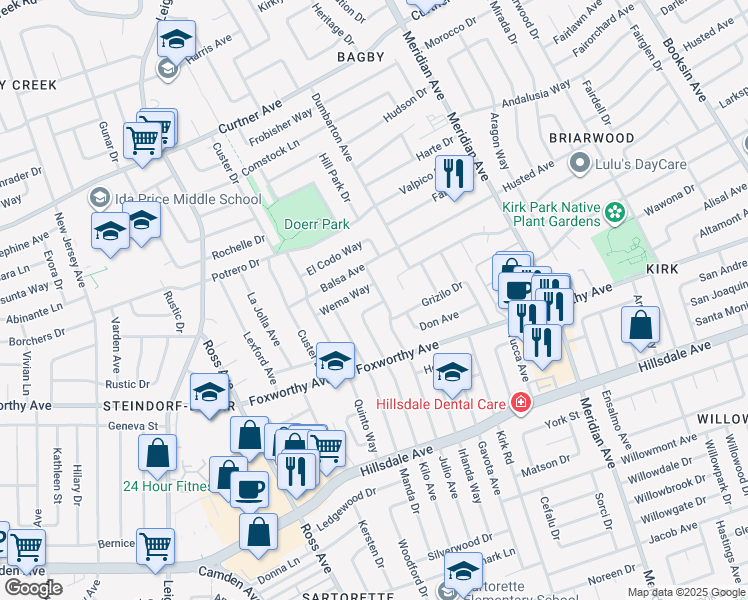map of restaurants, bars, coffee shops, grocery stores, and more near 1753 Urna Avenue in San Jose