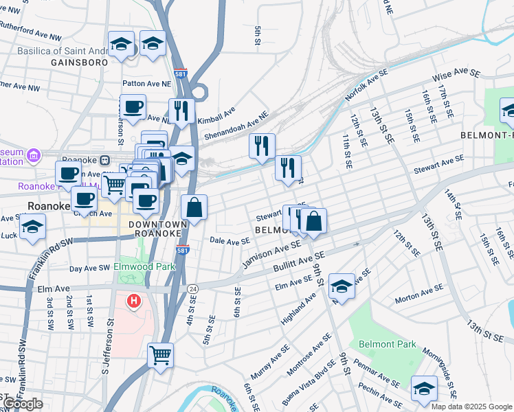 map of restaurants, bars, coffee shops, grocery stores, and more near 715 Tazewell Avenue Southeast in Roanoke
