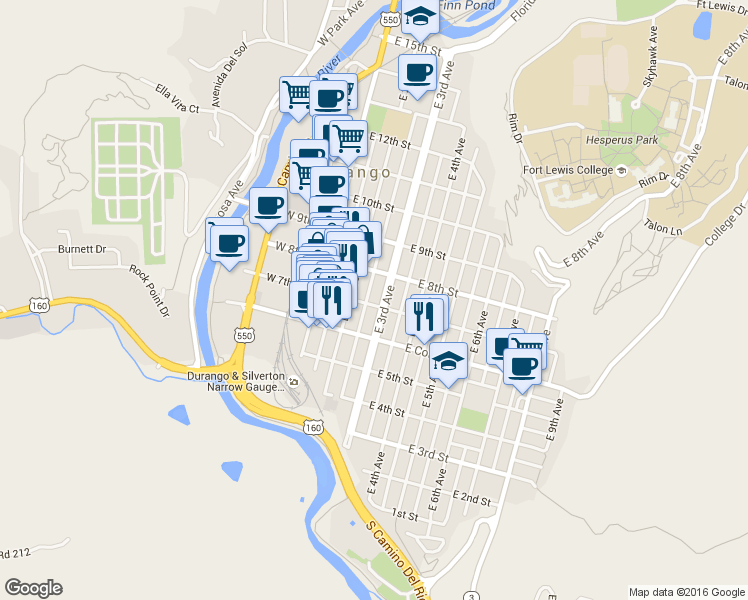 map of restaurants, bars, coffee shops, grocery stores, and more near 703 East 3rd Avenue in Durango