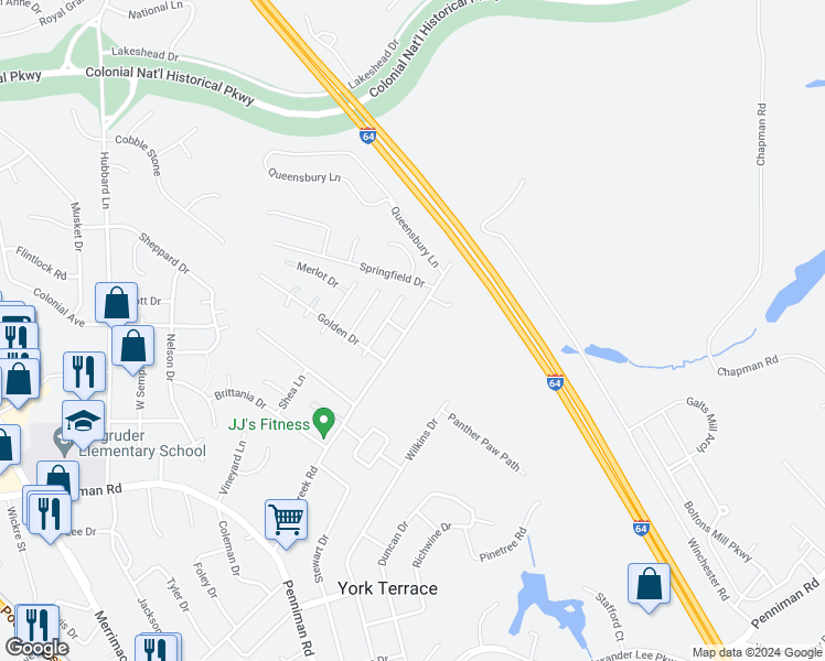 map of restaurants, bars, coffee shops, grocery stores, and more near 460 Queens Creek Road in Williamsburg