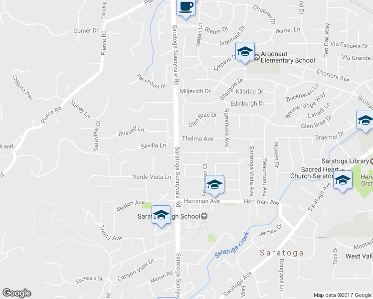map of restaurants, bars, coffee shops, grocery stores, and more near 20455 Franklin Avenue in Saratoga