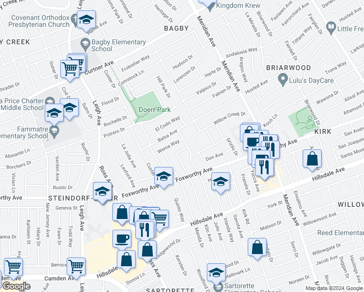 map of restaurants, bars, coffee shops, grocery stores, and more near 1753 Urna Avenue in San Jose