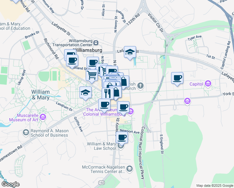map of restaurants, bars, coffee shops, grocery stores, and more near 42 South Henry Street in Williamsburg