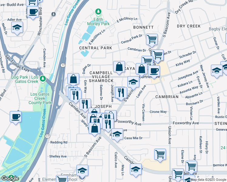 map of restaurants, bars, coffee shops, grocery stores, and more near 2814 Joseph Avenue in Campbell