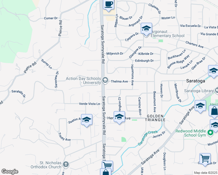 map of restaurants, bars, coffee shops, grocery stores, and more near 20455 Franklin Avenue in Saratoga