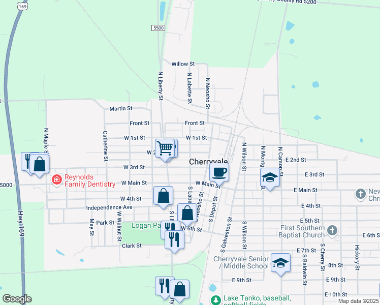 map of restaurants, bars, coffee shops, grocery stores, and more near 301 West 2nd Street in Cherryvale