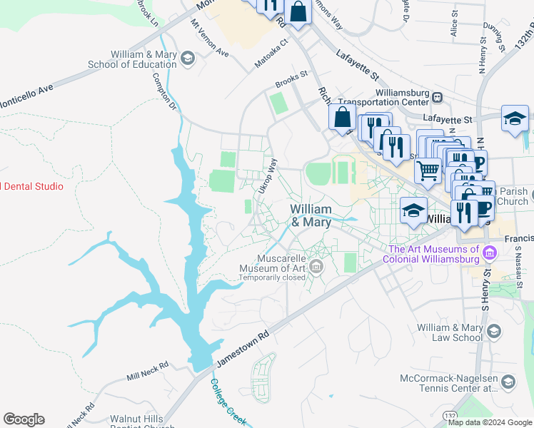 map of restaurants, bars, coffee shops, grocery stores, and more near 500 Ukrop Way in Williamsburg