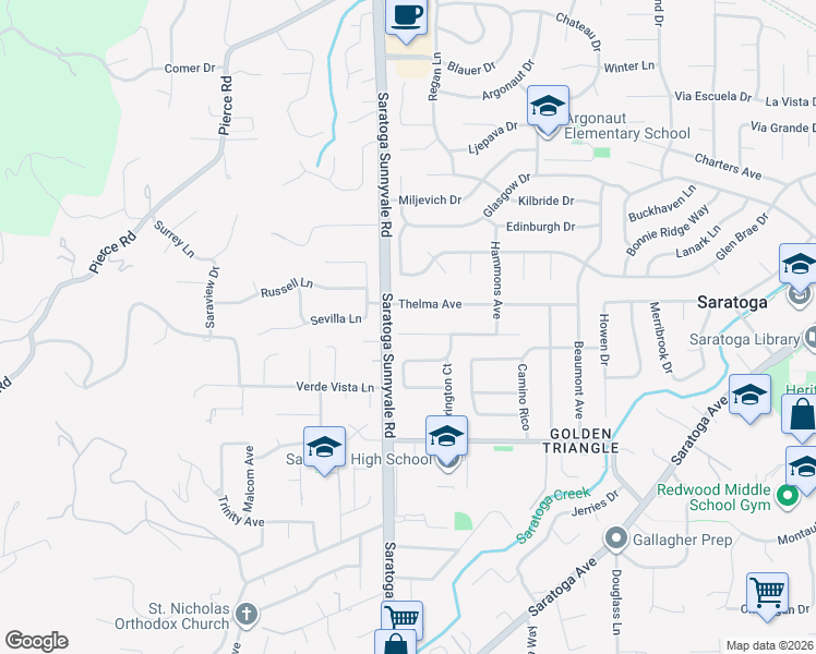 map of restaurants, bars, coffee shops, grocery stores, and more near 20455 Franklin Avenue in Saratoga