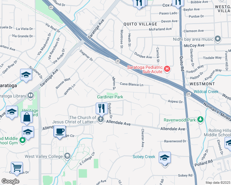 map of restaurants, bars, coffee shops, grocery stores, and more near 13550 Myren Drive in Saratoga