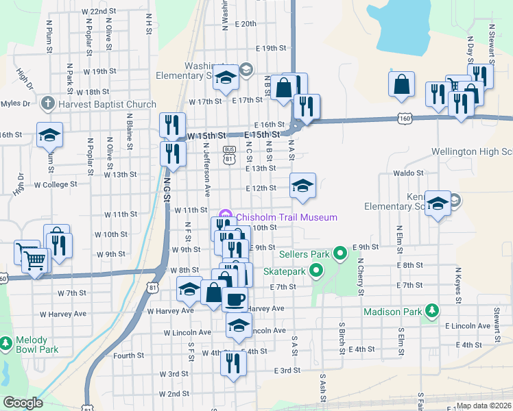 map of restaurants, bars, coffee shops, grocery stores, and more near 521 North C Street in Wellington