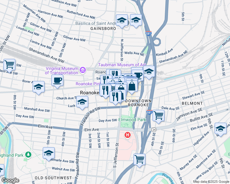 map of restaurants, bars, coffee shops, grocery stores, and more near in Roanoke