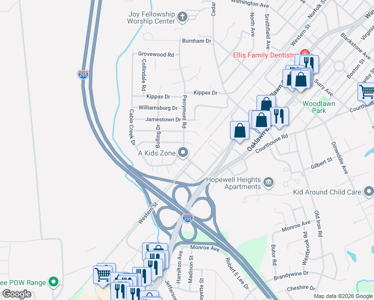 map of restaurants, bars, coffee shops, grocery stores, and more near 308 Perrymont Road in Hopewell