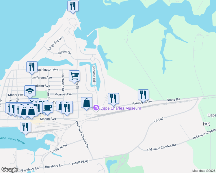 map of restaurants, bars, coffee shops, grocery stores, and more near 43 Bridgeton Drive in Cape Charles