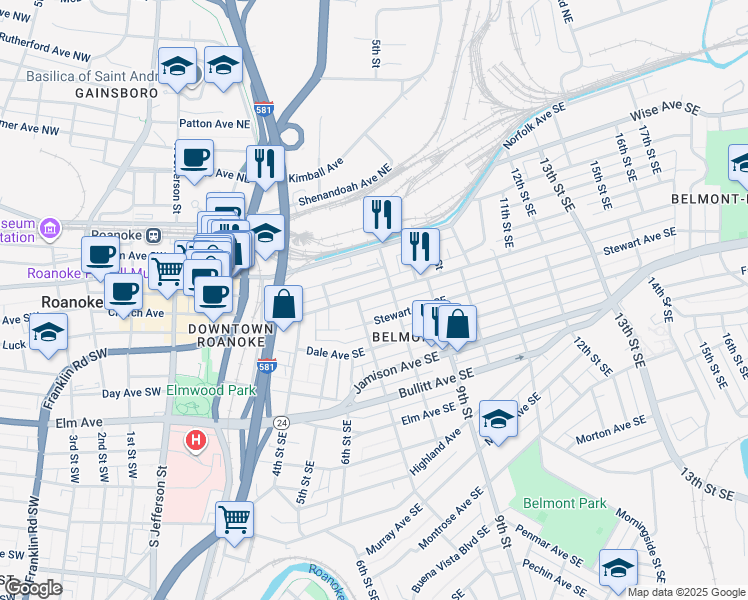 map of restaurants, bars, coffee shops, grocery stores, and more near 715 Tazewell Avenue Southeast in Roanoke