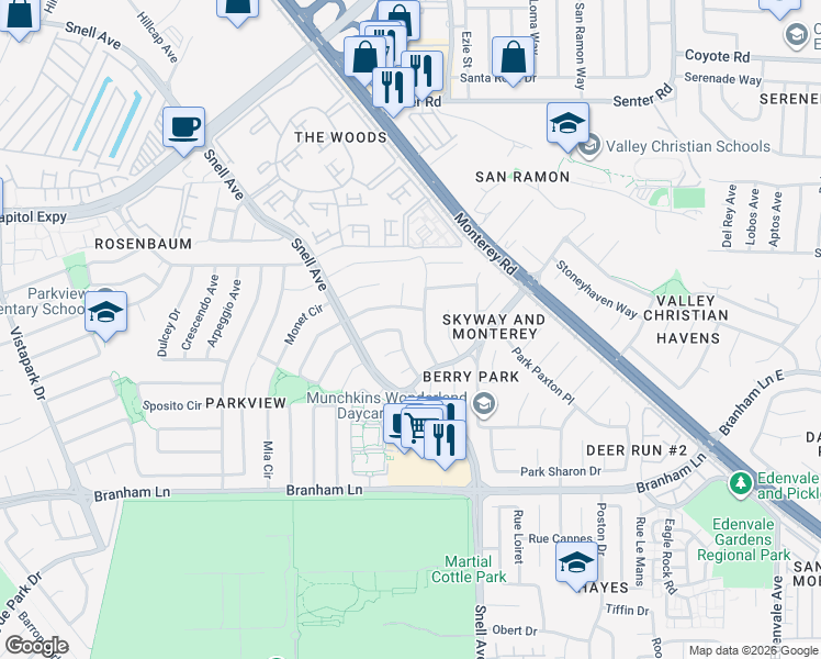 map of restaurants, bars, coffee shops, grocery stores, and more near 4428 Stone Canyon Drive in San Jose