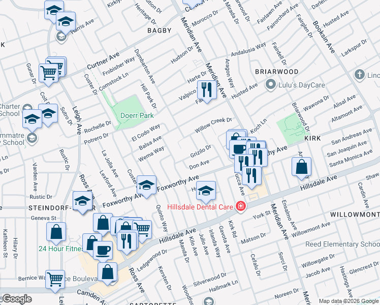 map of restaurants, bars, coffee shops, grocery stores, and more near 1713 Don Avenue in San Jose
