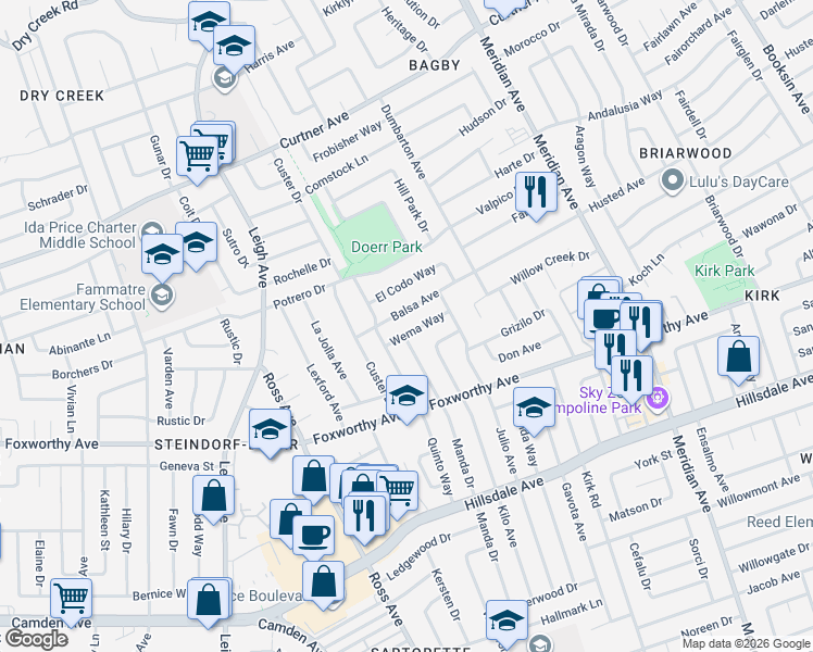 map of restaurants, bars, coffee shops, grocery stores, and more near 1786 Wema Way in San Jose