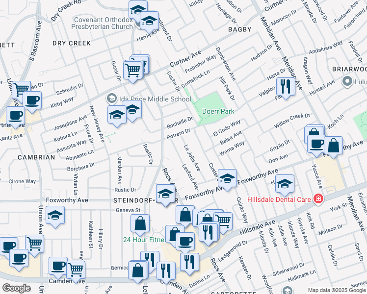 map of restaurants, bars, coffee shops, grocery stores, and more near 2821 La Jolla Avenue in San Jose