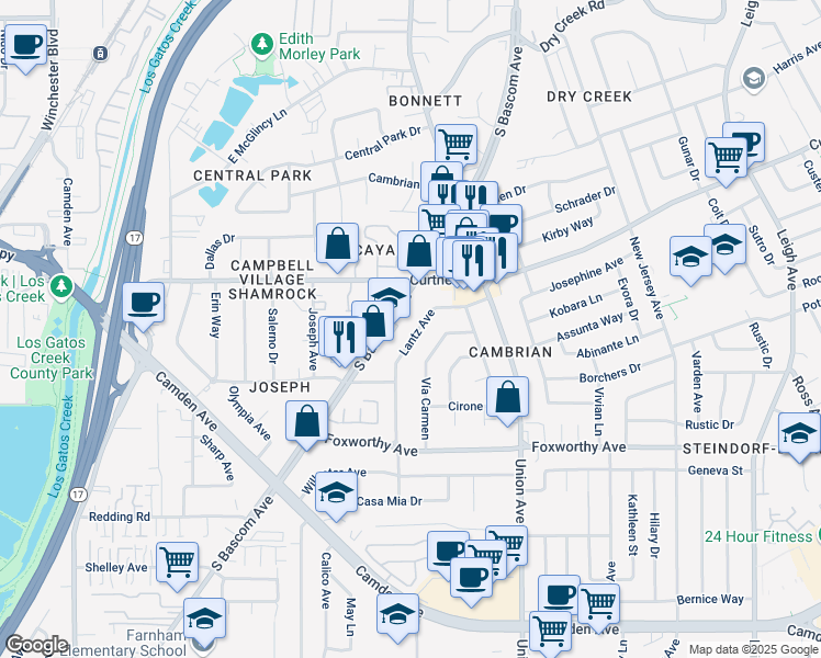 map of restaurants, bars, coffee shops, grocery stores, and more near 2819 Lantz Avenue in San Jose