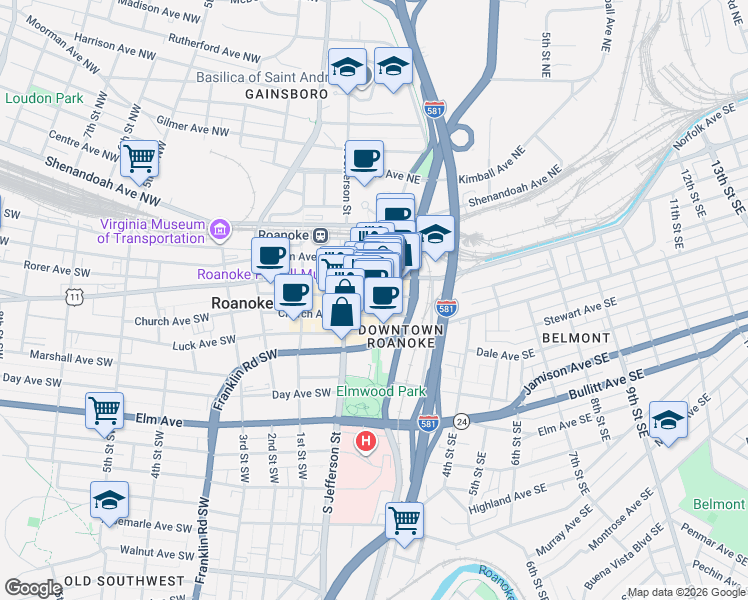 map of restaurants, bars, coffee shops, grocery stores, and more near in Roanoke