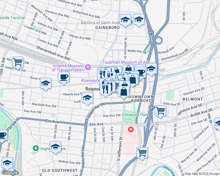 map of restaurants, bars, coffee shops, grocery stores, and more near in Roanoke