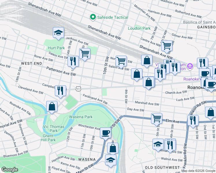 map of restaurants, bars, coffee shops, grocery stores, and more near 846 Campbell Avenue Southwest in Roanoke