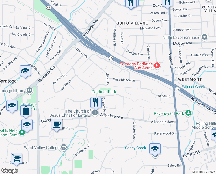 map of restaurants, bars, coffee shops, grocery stores, and more near 13550 Myren Drive in Saratoga