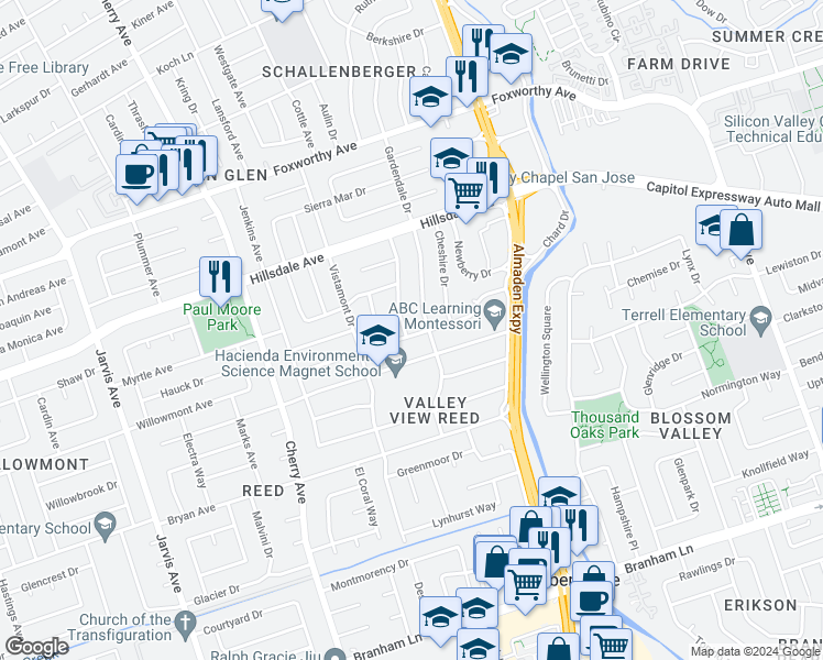 map of restaurants, bars, coffee shops, grocery stores, and more near 3496 Picadilly Drive in San Jose