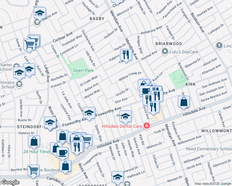 map of restaurants, bars, coffee shops, grocery stores, and more near 1713 Don Avenue in San Jose
