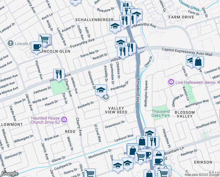 map of restaurants, bars, coffee shops, grocery stores, and more near 3496 Picadilly Drive in San Jose