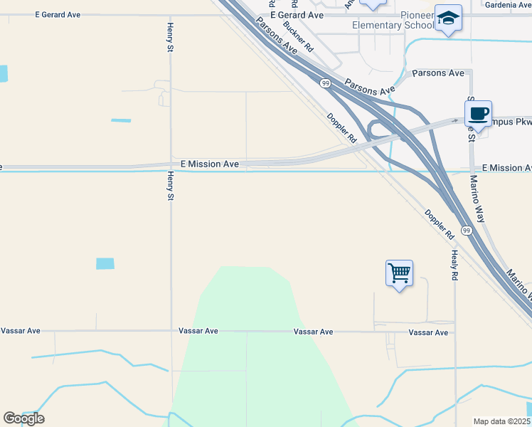 map of restaurants, bars, coffee shops, grocery stores, and more near 0 East Mission Avenue in Merced