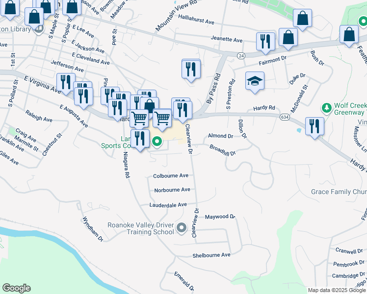 map of restaurants, bars, coffee shops, grocery stores, and more near 1200 Vinyard Road in Vinton